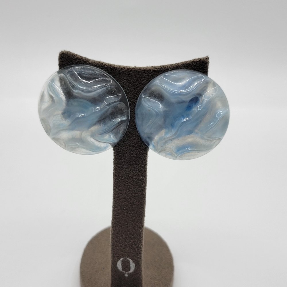 Vintage Made In Western Germany Marbled Blue and Clear Clip On Earrings